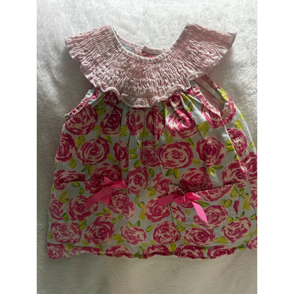 Mud Pie Baby Girls Pink‎ Rose Floral Smocked Dress 6-9 Months Bow Pockets